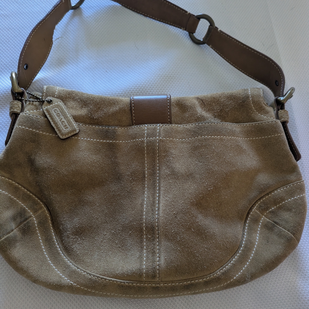 Coach Vintage Tan Suede Hobo Bag with 2 small ink marks. - Picture 2 of 8